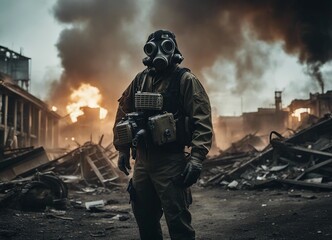 person in gas mask among collapsed buildings

 - obrazy, fototapety, plakaty