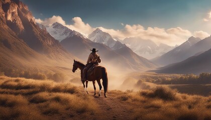 Cowboy on horseback with mountain background digital oil painting

