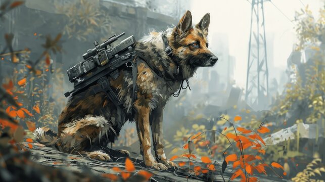 Creative 4k high resolution wallpaper art of a dog inspired by game movie with Tactical shooter with realistic military settings and weaponry by Pastel Drawing 