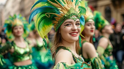 Woman in green costume with group of dancers participating the parade