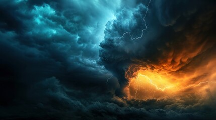 dramatic and powerful tornado. Lightning thunderstorm flash over the night sky. Concept on topic weather, cataclysms (hurricane, Typhoon, tornado, storm). Stormy Landscape    - obrazy, fototapety, plakaty