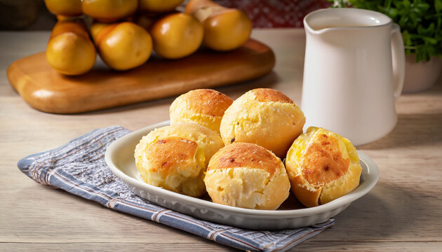 Brazilian cheese buns . Table cafe in the morning with cheese bread and fruits.