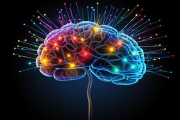 Colorful brain explosion creativity and neural connections. Receptor specificity insight aging process. Self improvement neurochemical pathways, flashes of inspiration. Neural synchronization decoding