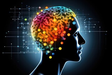 Obraz premium Colorful brain explosion creativity and neural connections. Receptor specificity insight aging process. Self improvement neurochemical pathways, flashes of inspiration. Neural synchronization decoding