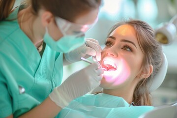 Fototapeta premium A woman is getting her teeth checked by a dentist. Generative AI.