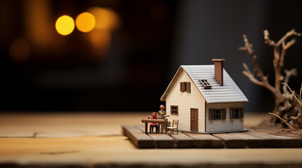 a small house is on a wooden table, in the style of miniature sculptures