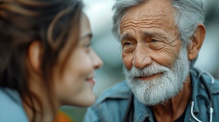 An older man with a beard and a young woman. Generative AI.