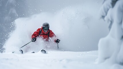 Man skiing in deep powder snow, Krippenstein, Gmunden, Austria    