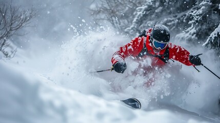 Man skiing in deep powder snow, Krippenstein, Gmunden, Austria   