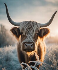 Portrait of a highland cattle in the frost of a winter morning. smoke coming out of its nose, close up view
