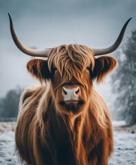 Portrait of a highland cattle in the frost of a winter morning. smoke coming out of its nose, close up view
