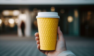 A person holding a yellow coffee cup. Generative AI. - Powered by Adobe