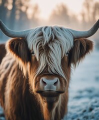 Portrait of a highland cattle in the frost of a winter morning. smoke coming out of its nose, close up view
