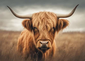Papier Peint photo Highlander écossais Portrait of single highland cow standing in field, summer day 