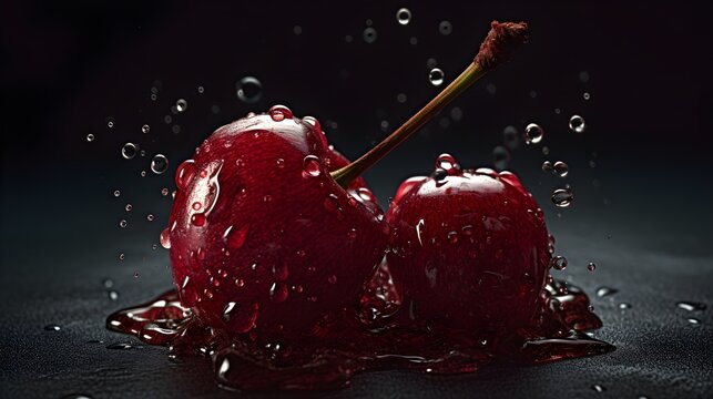 Fresh cherries with water splashes and drops on a black background