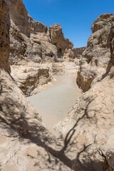 Fototapeta na wymiar dry riverbed and worn sandstone cliffs at narrow Serisem canyon, Naukluft desert, Namibia
