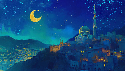 Starry night over Islamic city
