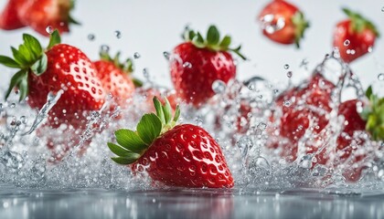 Strawberry with water splash over isolated white background
