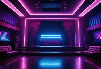 dark, atmospheric stage with a vibrant background of blues, purples, and pinks, lit by neon lights and spotlights