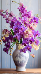A vibrant cascade of pink orchids in a white vase on a wooden surface in a rustic setting. Lively color palette. Warm inviting interior of the house. A symbol of freshness and springtime moods