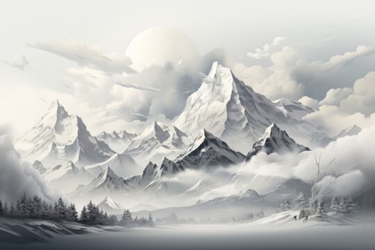 Fototapeta Towering Snow-covered Peaks, on an isolated Silver background, Generative AI