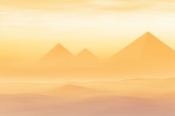 An abstract illustration of golden desert dunes with silhouettes of pyramids against a warm sunset sky. The smooth gradients and soft tones evoke a sense of calm and serenity, characteristic of a vast