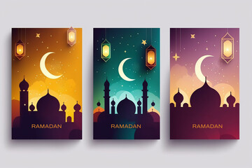 Ramadan Kareem set of posters or invitations design paper cut islamic lanterns, stars and moon on gold and violet background