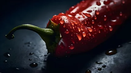 Fotobehang Fresh chilli pepper with water splashes and drops on black background © Canities