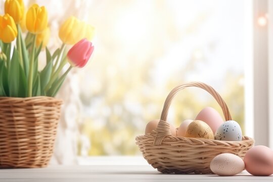 Easter Banner wallpaper. Spring flowers tulips in wicker basket and colorful painted eggs on table background of blurred window. Sunny rays and day time Card with copy space for text. Advertisement