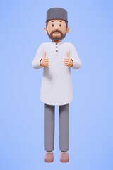3d man muslim greeting, greeting, pointing and holding phone while smiling with blue background