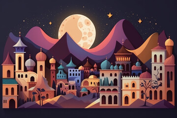 Fototapeta premium llustration of oriental cute muslim town with crescent moon for greeting card, background or poster 
