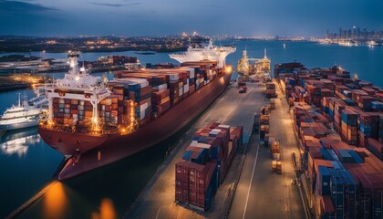Obraz premium commercial transport ship loaded with containers near the harbor, long exposure photo 