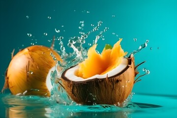 Fresh coconut flying with water splashes on bright color background