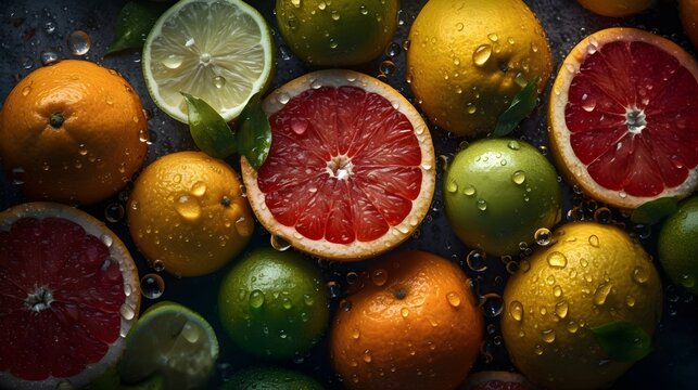 Fresh citrus fruits with water splashes and drops on black background