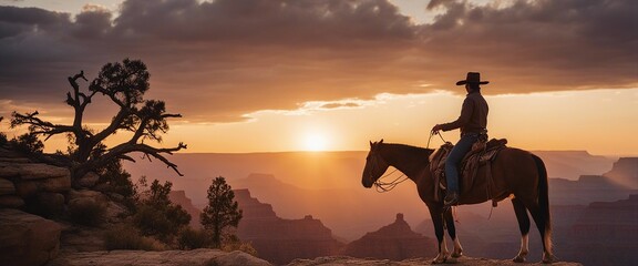 Fototapeta na wymiar cowboy on a horse at the top of the mountainous grand canyon golden hour sunset. dijital art.