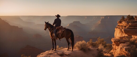 cowboy on a horse at the top of the mountainous grand canyon golden hour sunset. dijital art.

