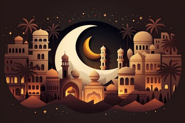 Boho Islamic Ramadan Kareem banner, poster design. Mosque, moon, dome and lanterns. Minimalistic illustrations	