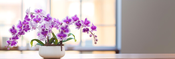 Classic still life with delicate orchid petals in a white vase in the soft morning light on the windowsill, symbolizing serenity and natural beauty. Interior decor. Spring mood. Banner. Copy space