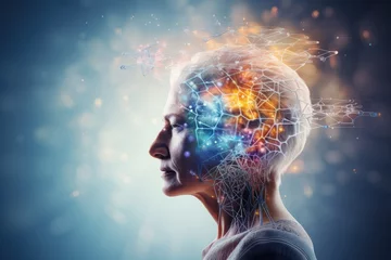 Tuinposter Brain puzzle jigsaw: training for mind fitness. Energy flows through synapses, enhancing skill and neuronal connections. Mindset influences colorful thinking in cognitive exercises and axon learning. © Leo