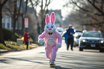 Character dressed as a bunny runs down the street with a marathon.  - obrazy, fototapety, plakaty