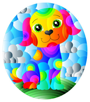 Illustration in stained glass style with abstract cute rainbow dog on a sky background,oval image