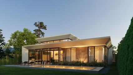 Modern one-story house with panoramic windows. House with a flat roof and a unique facade. Yard inside the house