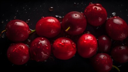 Fresh cranberries with water splashes and drops on black background