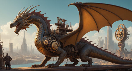Fantasy steampunk dragon illustration. Cartoon style vivid colors. Year 2024 Symbol art - obrazy, fototapety, plakaty