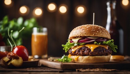 juicy burger product shot, artisan, rustic, food photography, delicious
