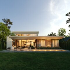Modern one-story house with panoramic windows. House with a flat roof and a unique facade. Yard inside the house