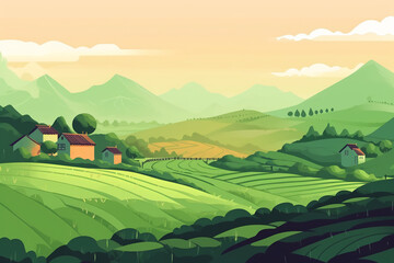 3d realistic banner, nature, tea plantation, green tea garden background with flying leaves for your design, ads. landscape photo for Vietnamese working in tea plantation at long