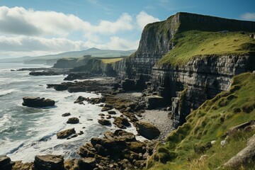 Fototapeta na wymiar Coastal cliff overlooking a vast ocean under a cloud-filled sky, Generative AI