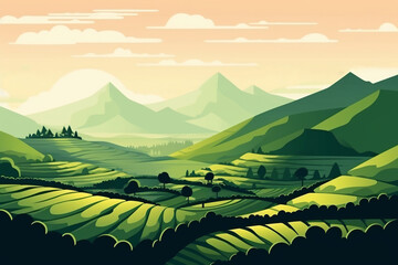 3d realistic banner, nature, tea plantation, green tea garden background with flying leaves for your design, ads. landscape photo for Vietnamese working in tea plantation at long