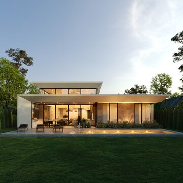 Modern one-story house with panoramic windows. House with a flat roof and a unique facade. Yard inside the house
